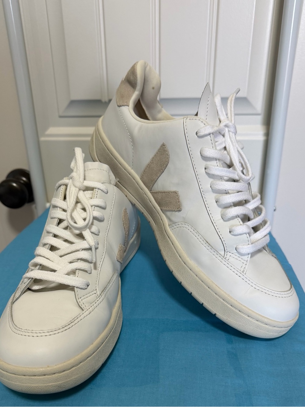 Veja Men's White Leather Sneakers with Beige Suede V Logo